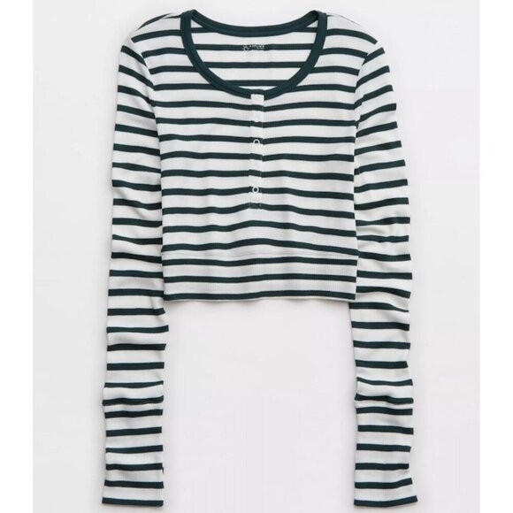 Aerie OFFLINE Cropped Striped Waffle Henley - Picture 2 of 6
